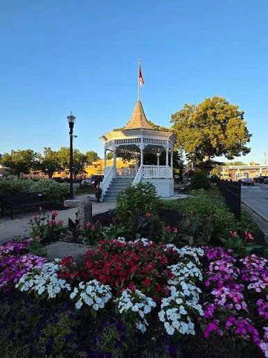 The red Wadsworth street clock, established 1814, on the downtown square