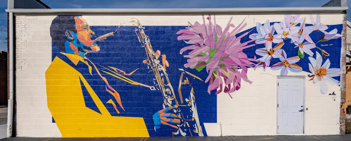 A jazz saxophonist mural painted on a downtown Wadsworth building